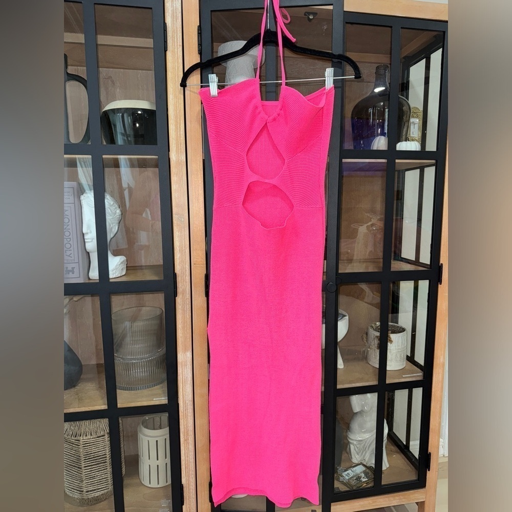 Beginning boutique neon ribbed cutout midi dress bodycon halter strapless barbie